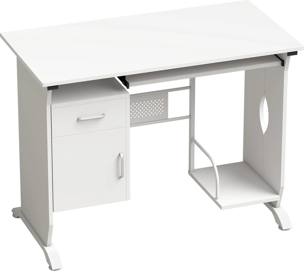 HOMCOM Mesa de computador, 100 x 52 x 75 cm, prateleira deslizante para teclado, gavetas e suporte para unidade central, branco | Aosom Portugal