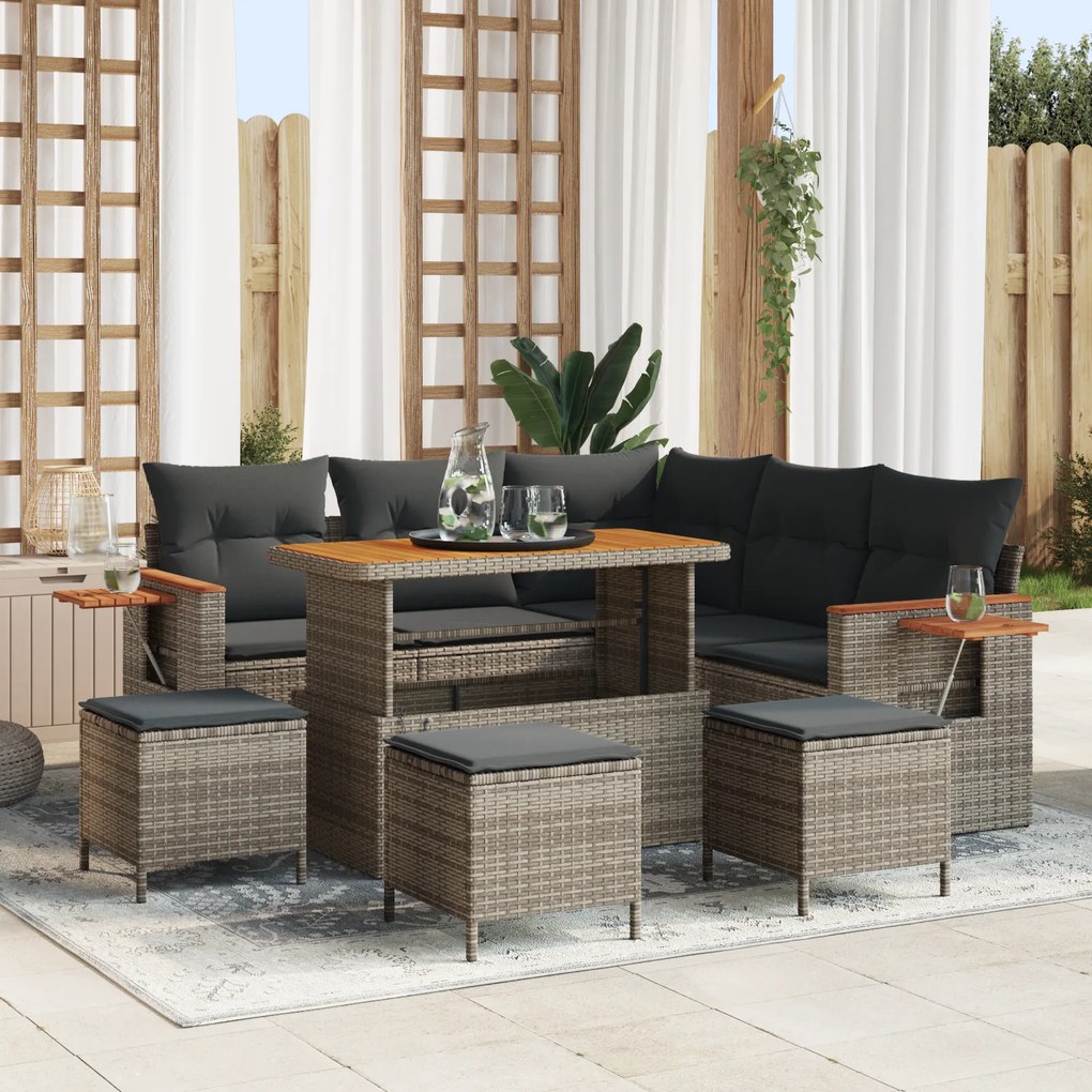 Conjunto de Sofá de Jardim vidaXL de 9 Peças com Almofadas Cinza Vime Poliéster
