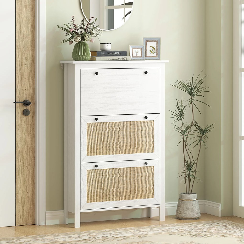 Sapateira, Móvel para sapatos 80 x 23,5 x 121,5 cm, armário de 3 portas com abas, efeito de vime - em madeira natural