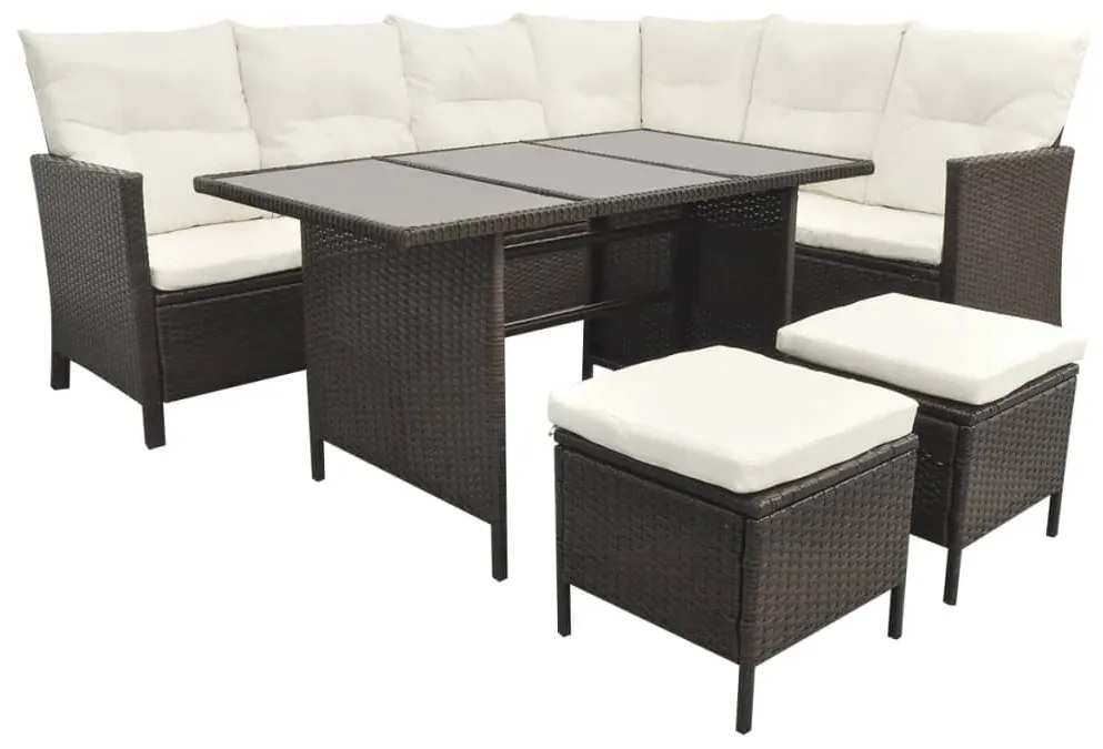 4 pcs conjunto lounge jardim c/ almofadões vime PE castanho