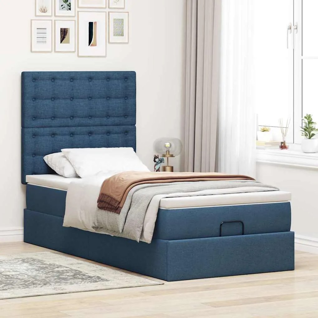Cama Otomana com Colchão &amp; LEDs Tecido Azul 100x200 cm