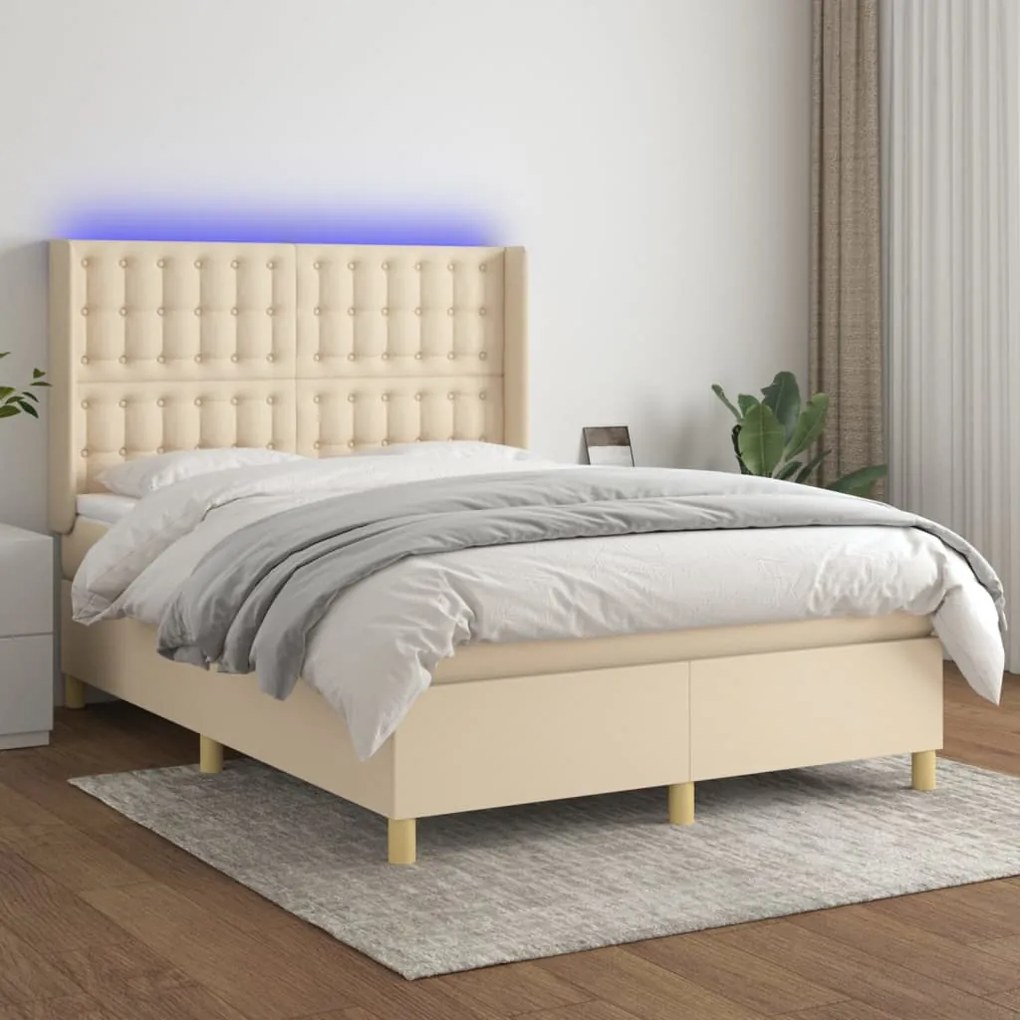 Cama box spring c/ colchão e LED 140x200 cm tecido cor creme