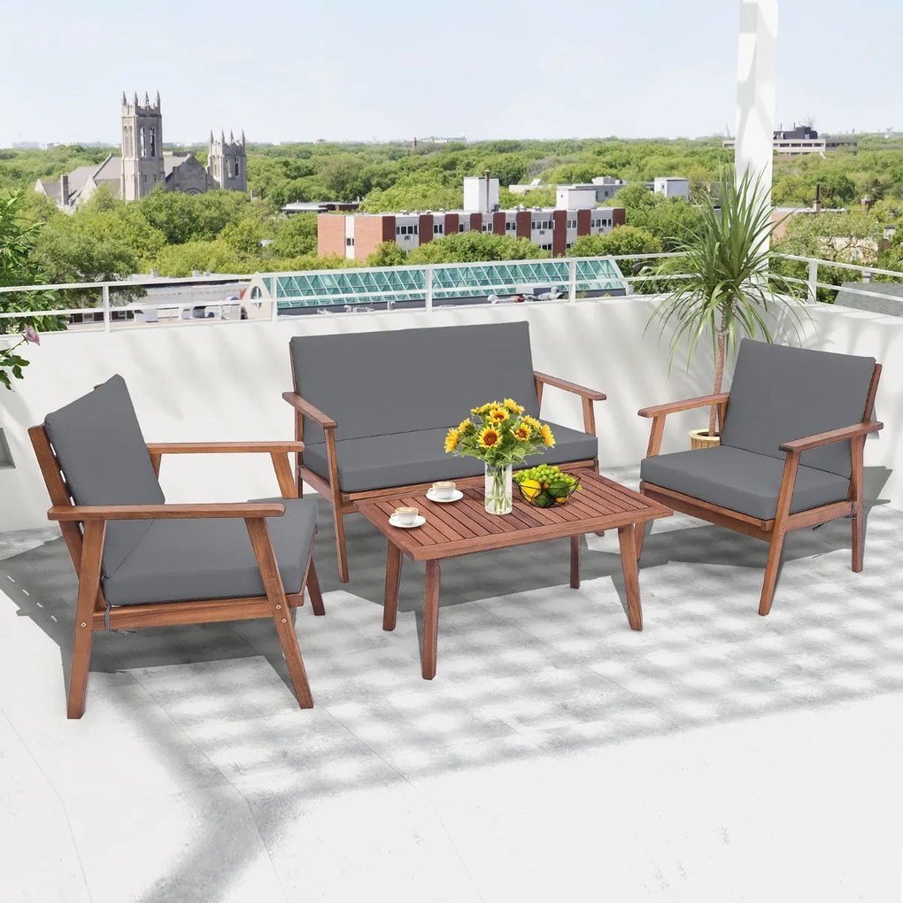 Conjunto de móveis de jardim de 4 peças em madeira de acácia com 1 mesa de centro, 2 cadeiras e 1 sofá para pátio, terraço ou varanda, cinza