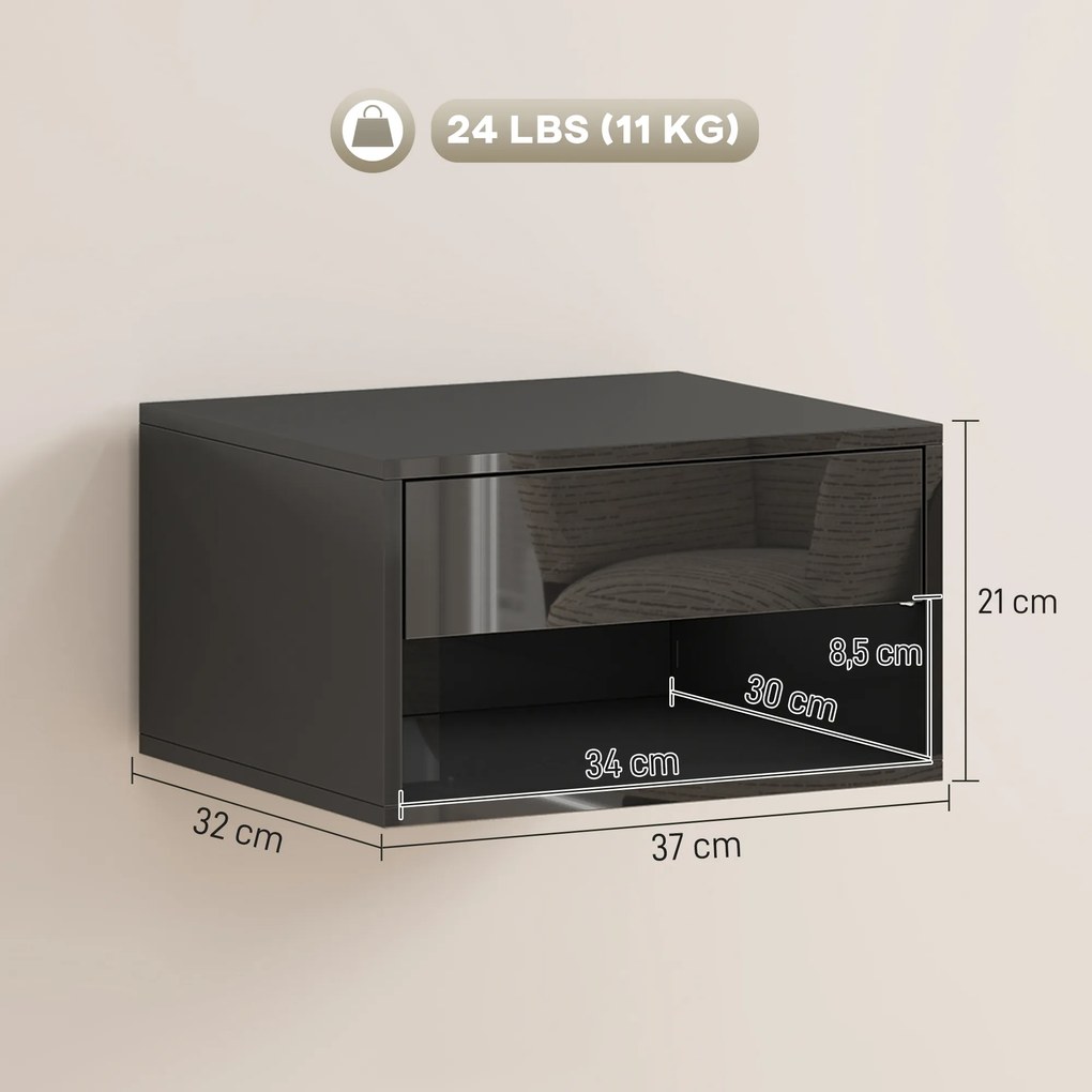 Conjunto de 2 Mesas de Cabeceira de Parede Mesas de Cabeceira Gaveta Compartimento Aberto Tampo 37x32x21 cm Preto