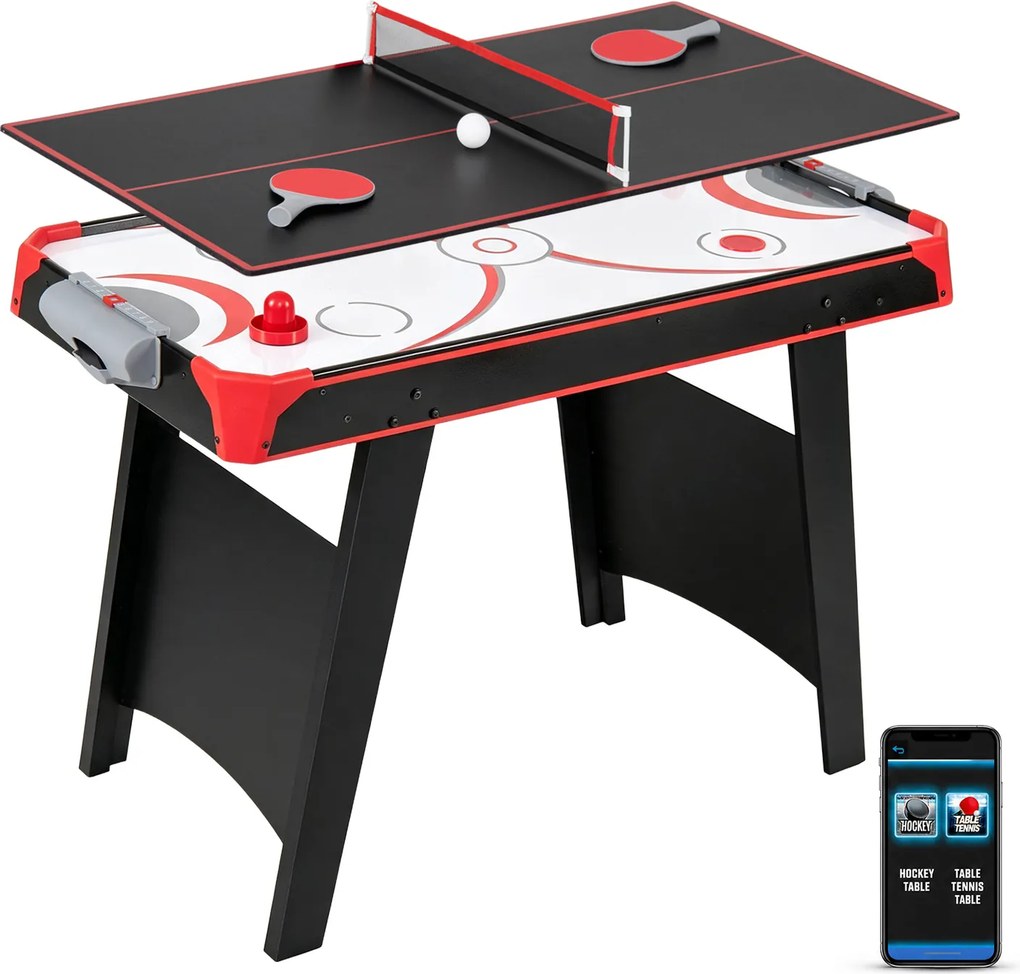 Mesa de Multijogos 2 em 1 de Hóquei Aéreo e Ténis de Mesa, 107 x 55 x 77 cm, Pontuação Através de Aplicação, Vermelho+Preto