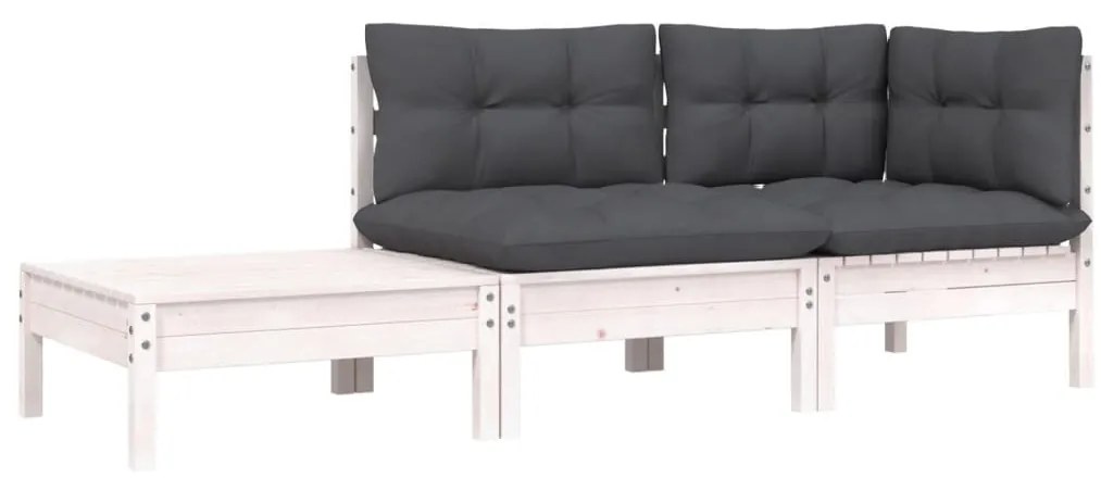 3 pcs conjunto lounge jardim c/ almofadões pinho maciço branco