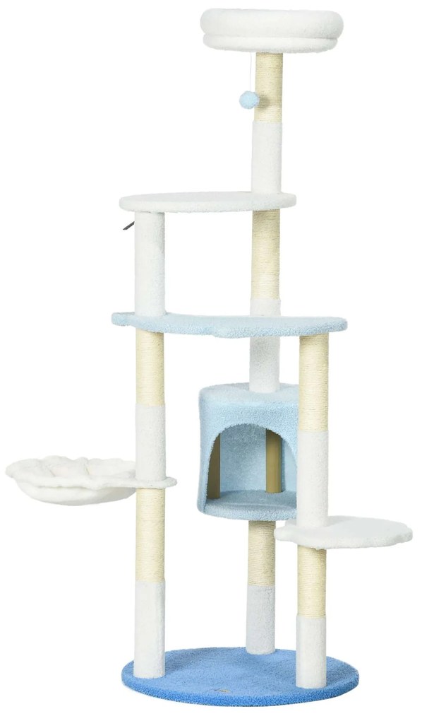 PawHut Arranhador Gatos Multinível Postes Sisal Caverna Cama Rede Bola Brinquedo Ø54,5x155 cm Branco Azul