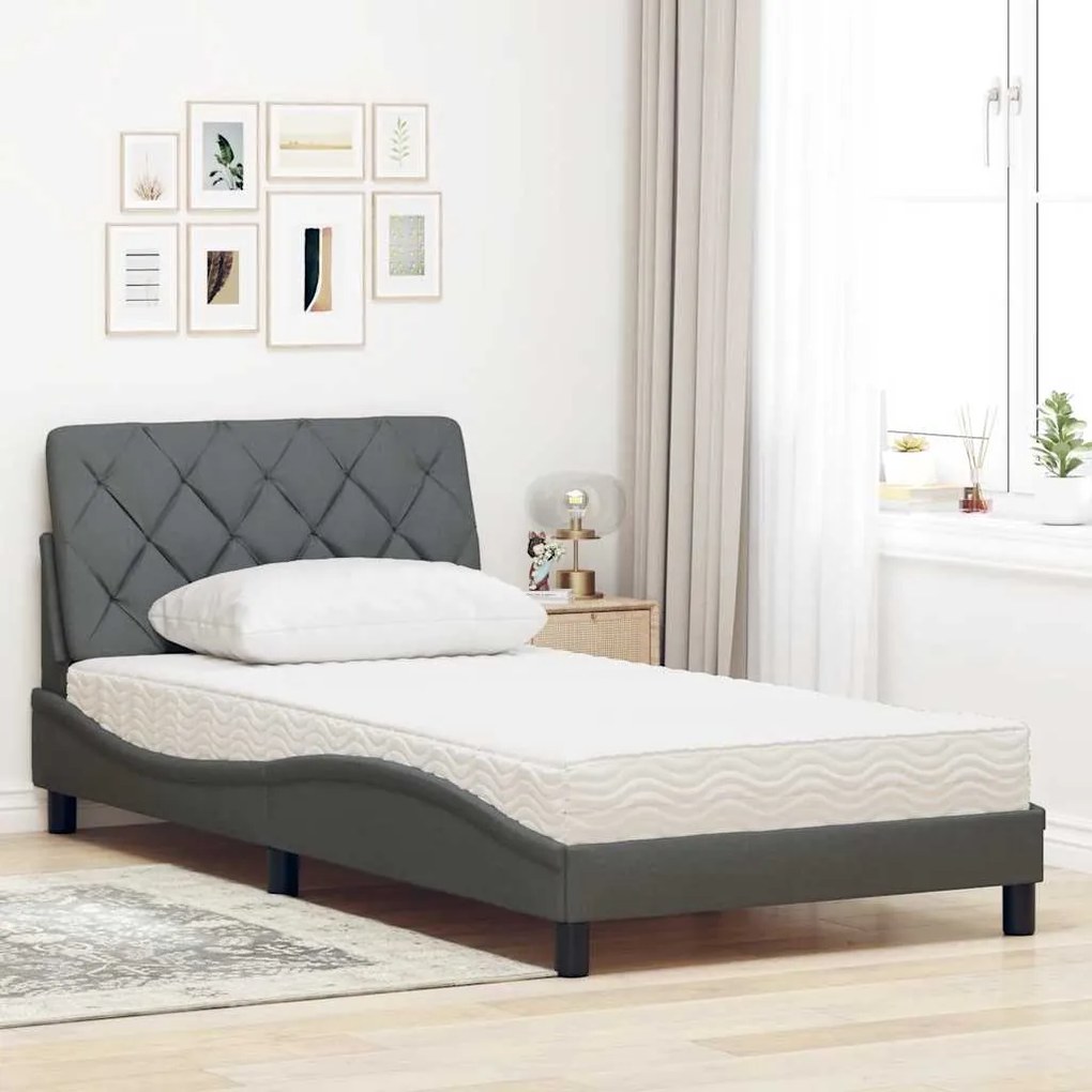 Cama com colchão 100x200 cm tecido cinzento-escuro