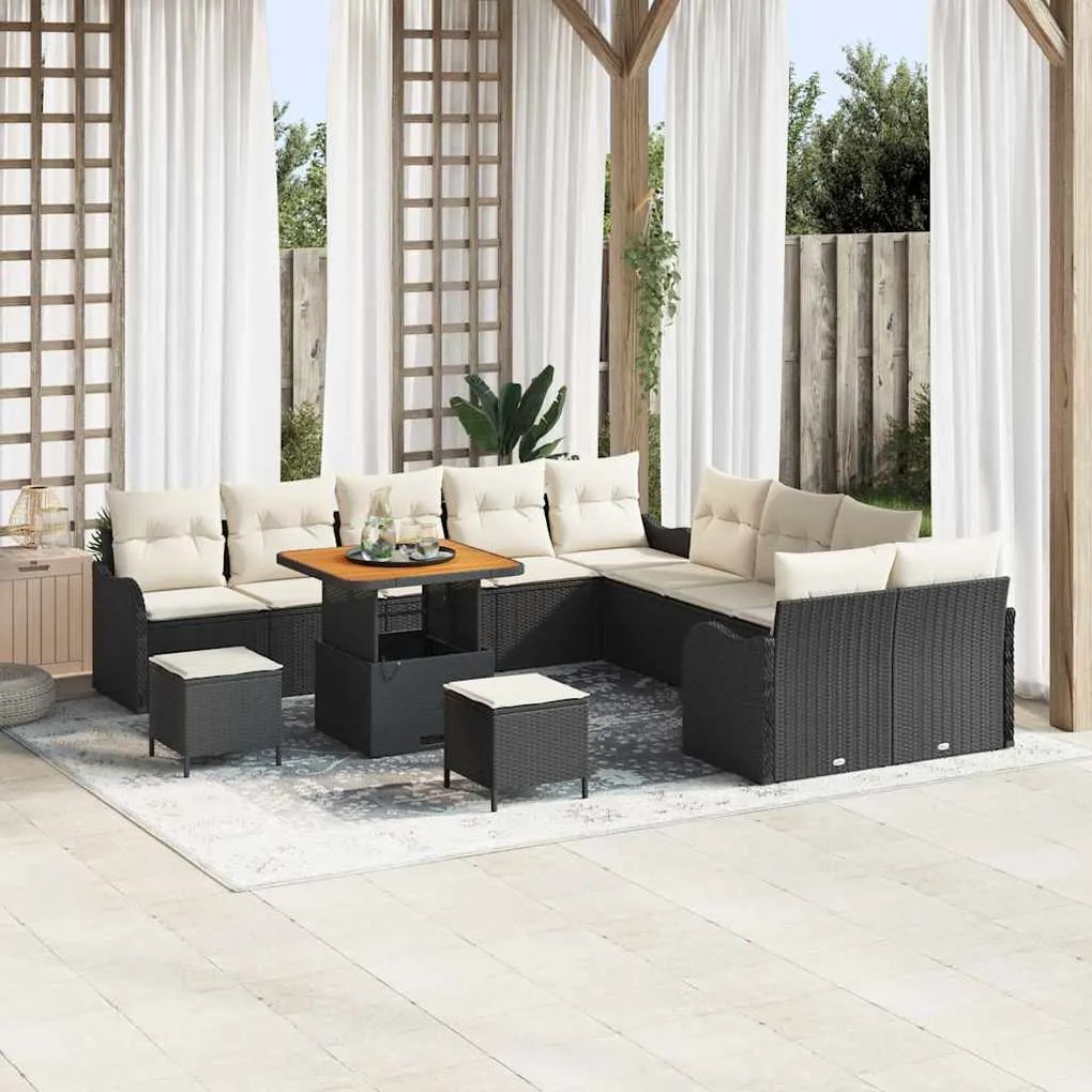 vidaXL Conjunto de Sofás Jardins 13 Peças com Almofadas Pretas em Rattan e Poliéster Acácia.