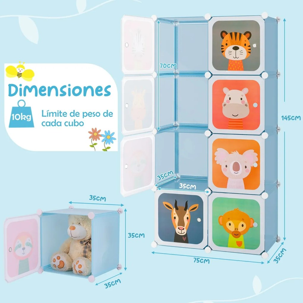 Armário infantil portátil para bebés 75 x 37 x 145 cm Plastico com 8 cubos e secção para pendurar roupas azul