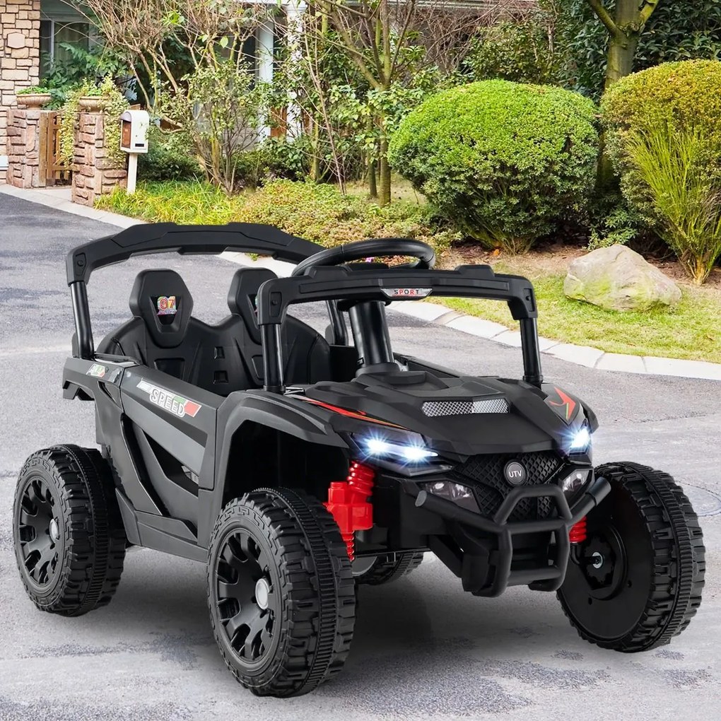 Carro elétrico infantil de 12 V, com comando à distância, 3 velocidades, luzes LED, música, buzina, veículo a bateria para crianças, Preto