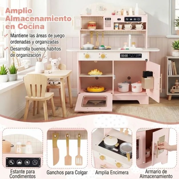 Cozinha brincar infantil de madeira 79,5 x 39,5 x 90,5 cm com 17 acessórios, forno e máquina de gelo, para crianças com mais de 3 anos, cor rosa