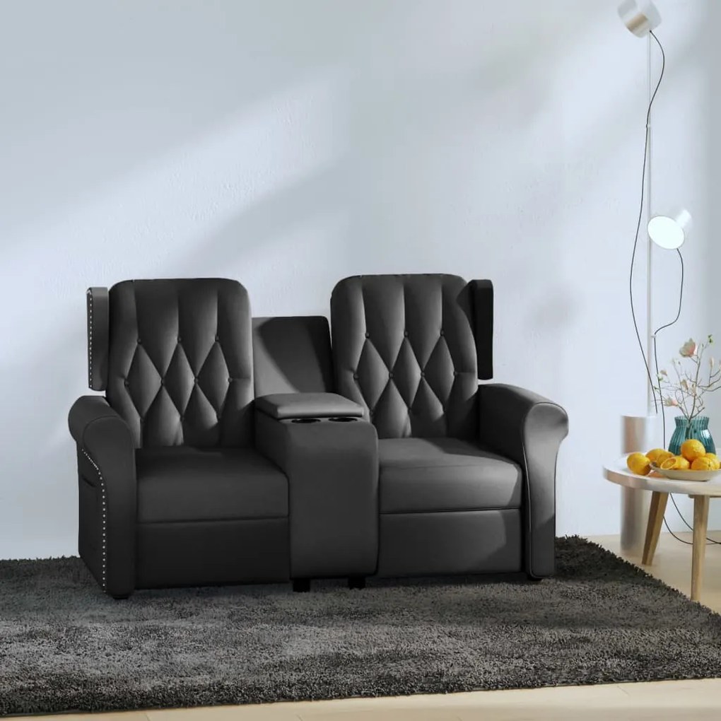 vidaXL Sofá reclinável 2 lugares c/ suportes p/ copos couro art. preto