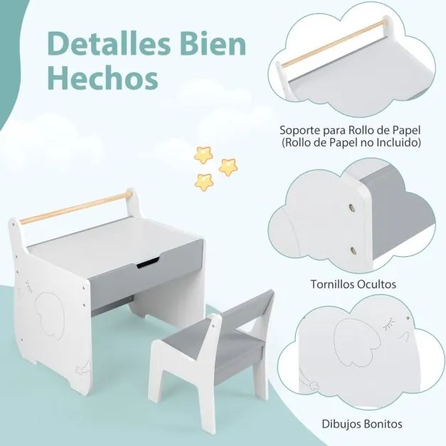 Conjunto de mesa e cadeira infantil de madeira 2 em 1 para crianças com tabuleiro removível, cinzento e branco