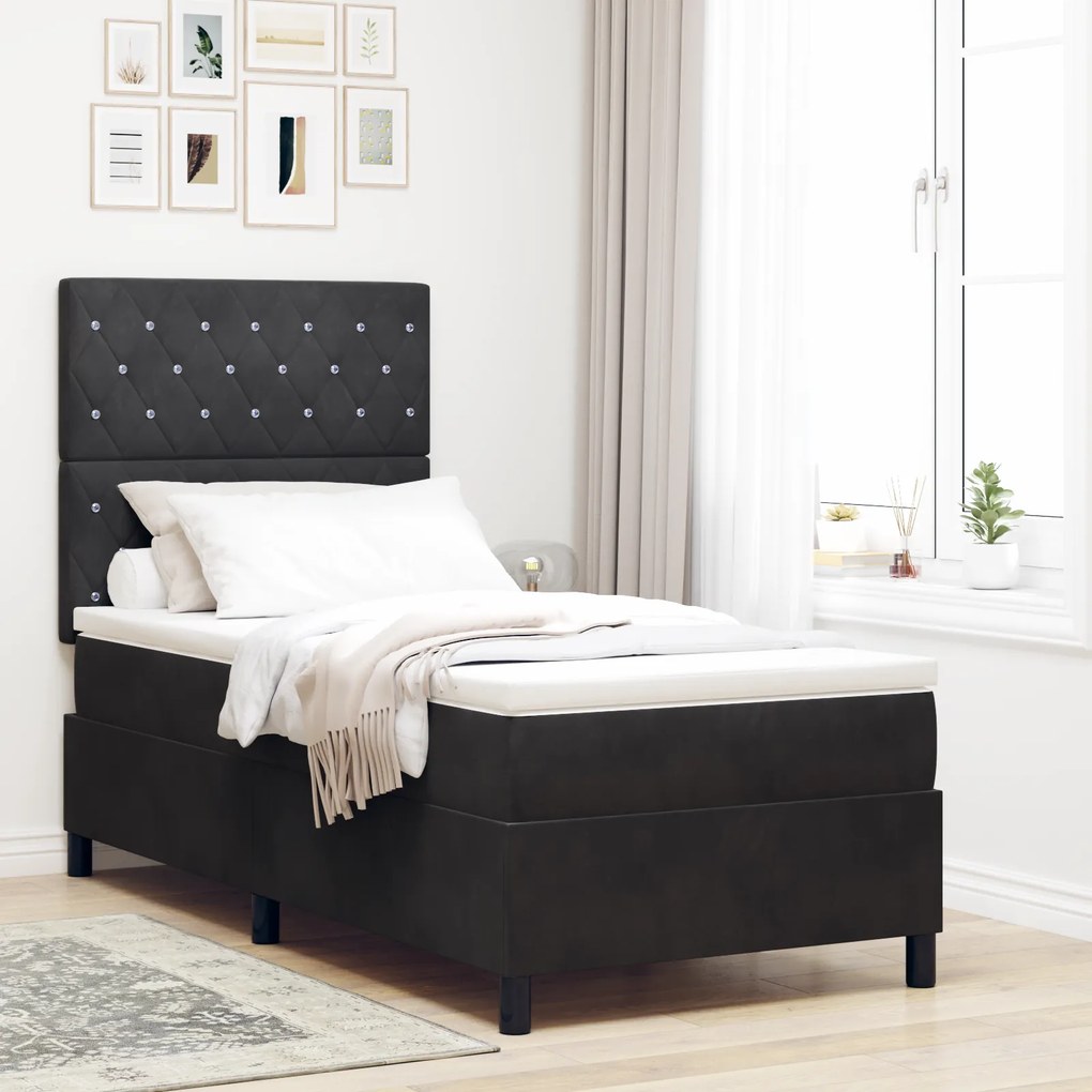 Camas Box Spring vidaXL com Colchão Preto 90x200 cm Veludo