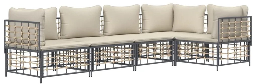 5 pcs conjunto lounge de jardim c/ almofadões vime PE antracite