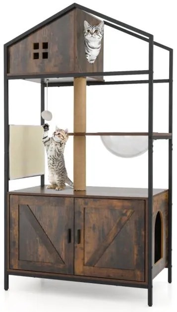 Árvore para gatos 80 x 48 x 150 cm com compartimento para caixa de areia Postes para arranhar Cápsula espacial Bola Castanho Rústico + Preto