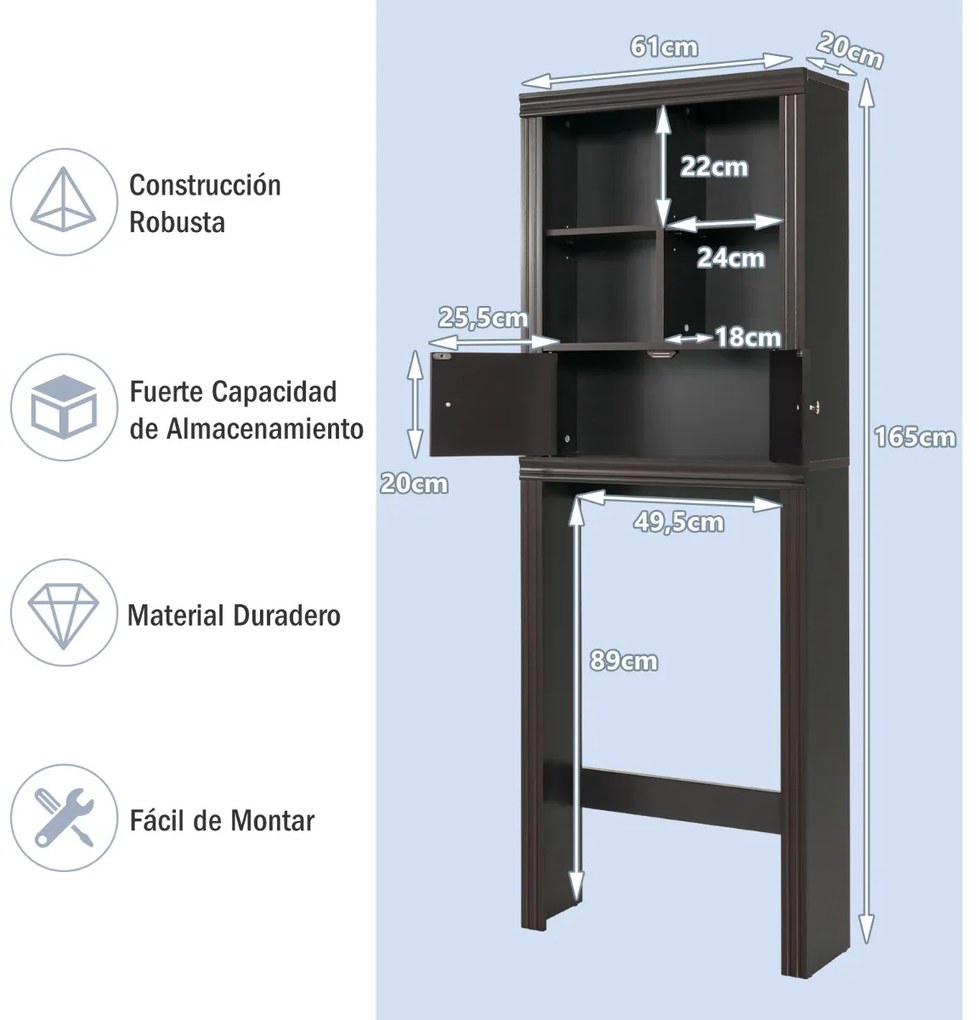 Armario de casa de banho sob a sanita 2 portas Estantes ajustáveis 60 cm x 20 cm x 165 cm Castanho