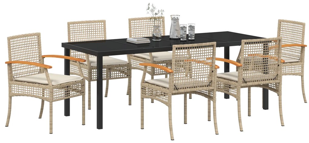 Conjunto de Jantar de Jardim com Almofadas Bege Vime Poliéster