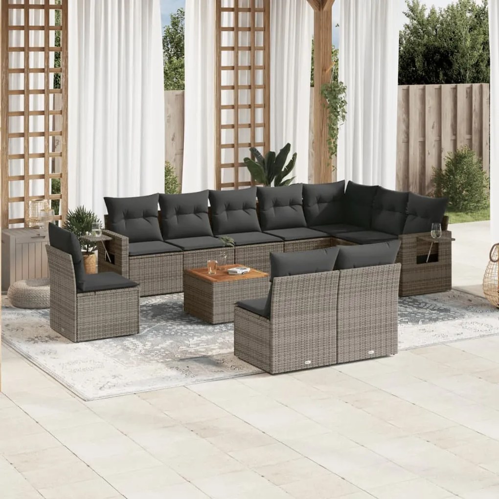 11 pcs conjunto sofás de jardim c/ almofadões vime PE cinzento