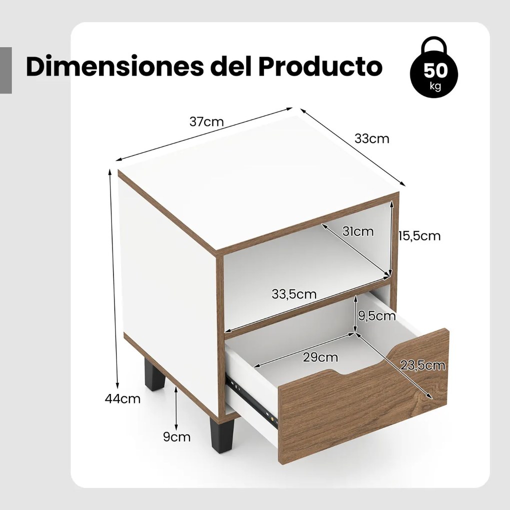 Mesas de cabeceira ou mesa de apoio moderna com gaveta Estante aberta para arrumação Pernas de metal Castanho + Branco