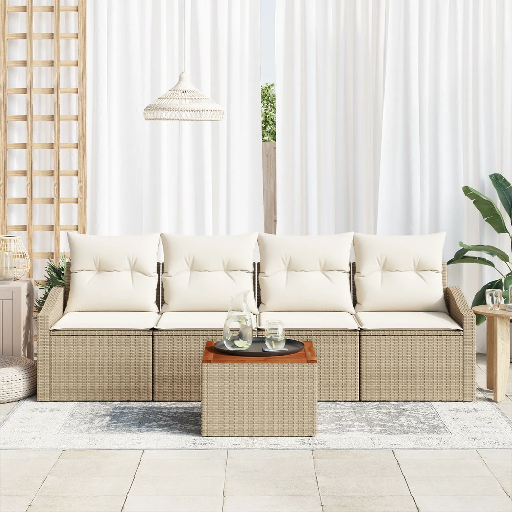 Conjunto de Sofás de Jardim 5 Peças com Almofadas Bege Poliratan Acáci