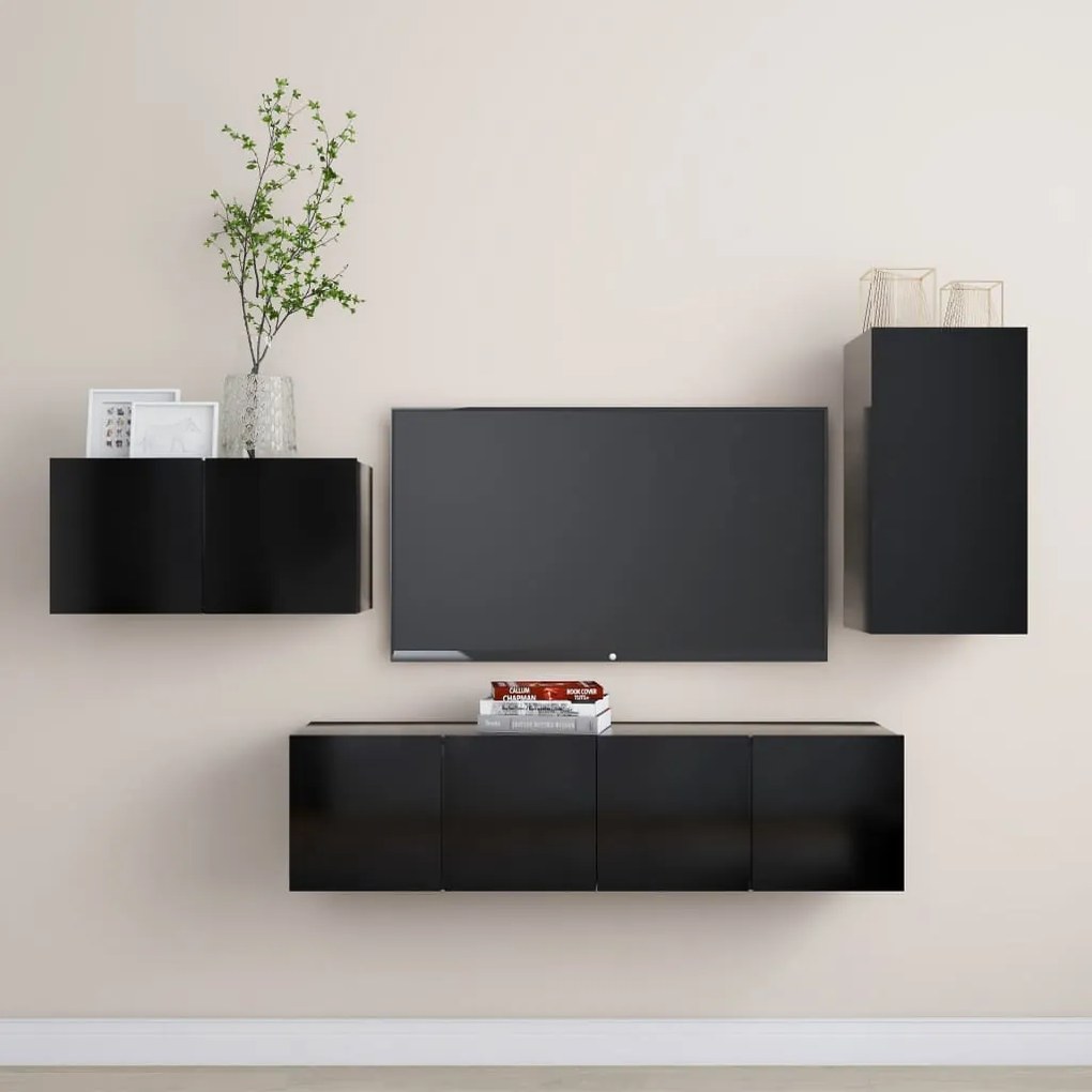 4 pcs conjunto de móveis de TV derivados de madeira preto