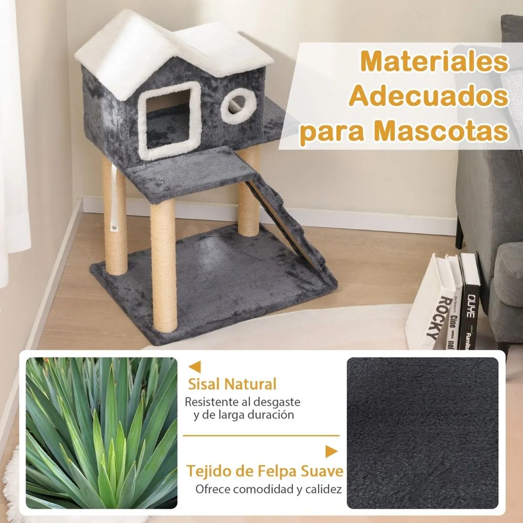 Arranhador para gatos moderna de 90 cm Árvore para gatos de 3 níveis com telhado que pode ser aberto Postes de arranhar em sisal Escada para gatos Tor