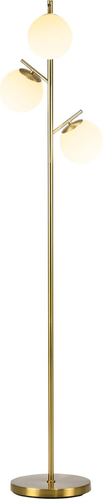 Candeeiro de pé para sala de estar em metal com 3 abajures esféricos brancos em vidro fosco, 40 W, Ø 27 x 169 cm (altura), acabamento dourado