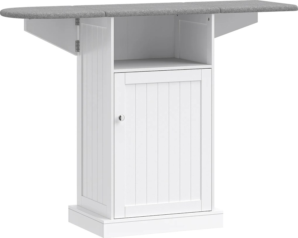 HOMCOM Móvel com Tábua de Engomar Dobrável sobre Rodas com Prateleira Aberta e Armário 121x37x89 cm Branco e Cinza | Aosom Portugal