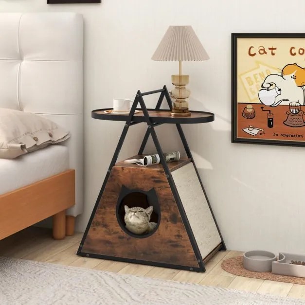 Armário para gatos caverna oculto com mesa de apoio Casa para gatos com 2 Estantes Estrutura em A Caverna para gatos Castanho