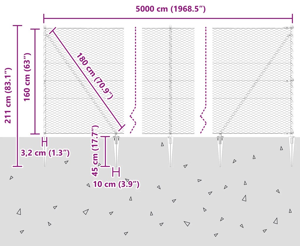 Cerca Hexagonal vidaXL Cinza 1,6x50 m Aço, Pilares de Cerca vidaXL com