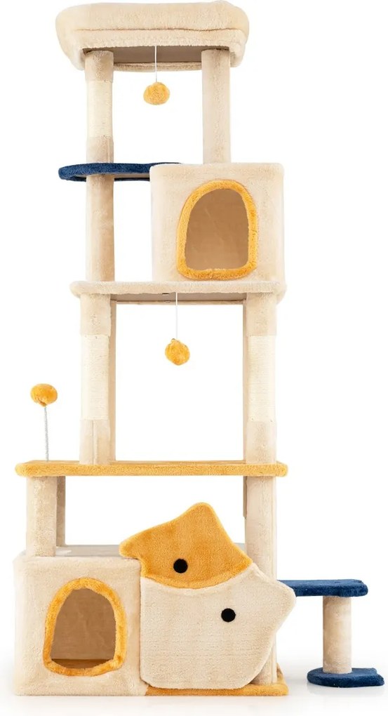 Arranhador para Gatos 85 x 42 cm x 159 cm com 2 Casas Percha de Pelúcia Removível Postes de Sisal para Arranhar Amarelo