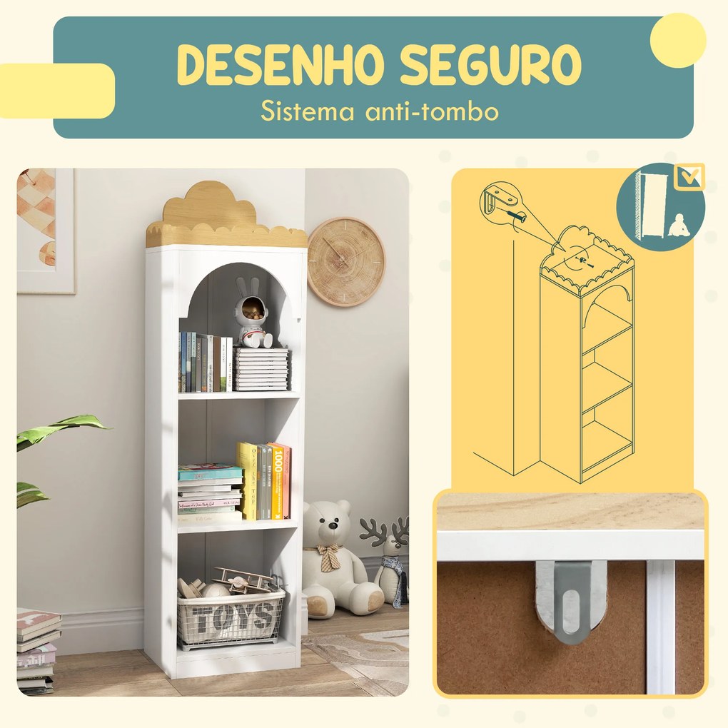 Estante para Livros Infantil de 3 Niveis Estante de Livros para Escola Infantil Dormitório 40x30x139,5 cm Branco e Madeira