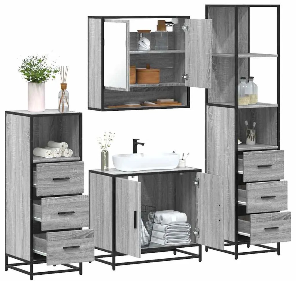 4 pcs Conjunto móveis casa de banho madeira proc. cinza sonoma