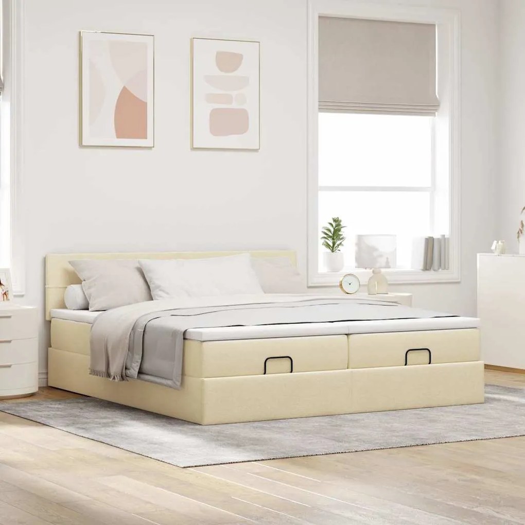 Estrutura de cama otomana com colchões tecido creme 200x200cm