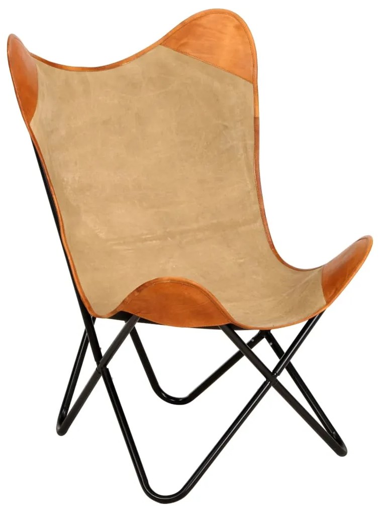 Cadeira borboleta em couro genuíno e lona castanho