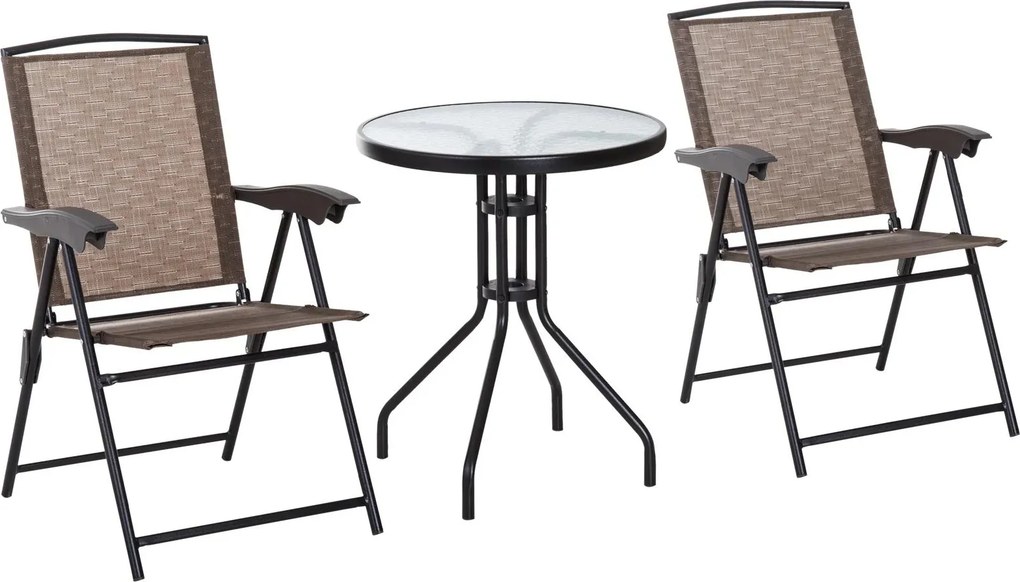 Conjunto de Mesa e 2 Cadeiras Cadeira Dobrável Encosto Reclináveis a 4 Níveis Armação de Aço Castanho