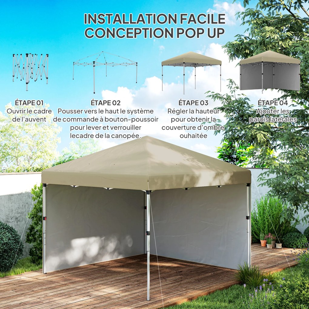 Tenda de jardim pop-up 297C x 297L x 288A cm, dobrável, com altura ajustável, proteção UV 30+, 2 paredes laterais e saco de transporte incluído bege