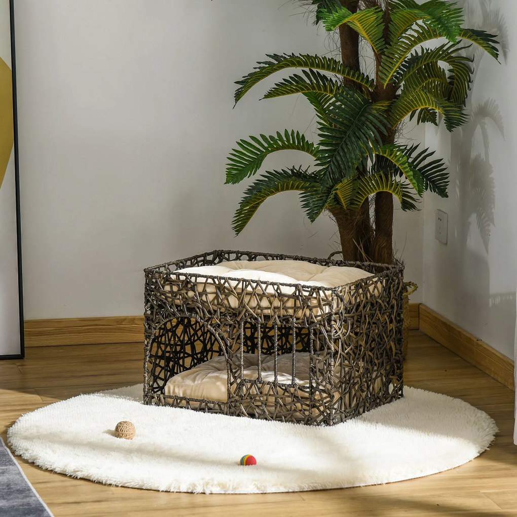 Cesta de Vime para Gatos de 2 Alturas Cama Caverna de Gatos com 2 Almofadas Suaves e Janela 56x41x45cm Café Escuro