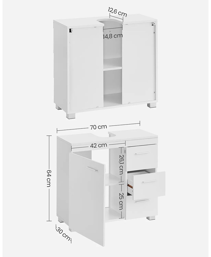 Armário Casa de Banho sob Lavatório com 3 gavetas grandes 30 x 70 x 64 cm branco