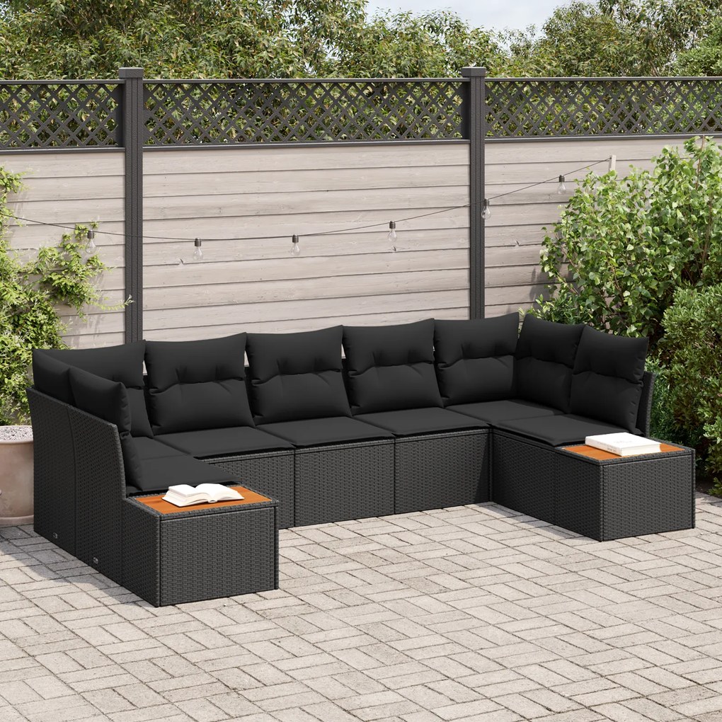 Conjunto de Sofá de Jardim com Almofadas Preto Poly Rattan Acácia