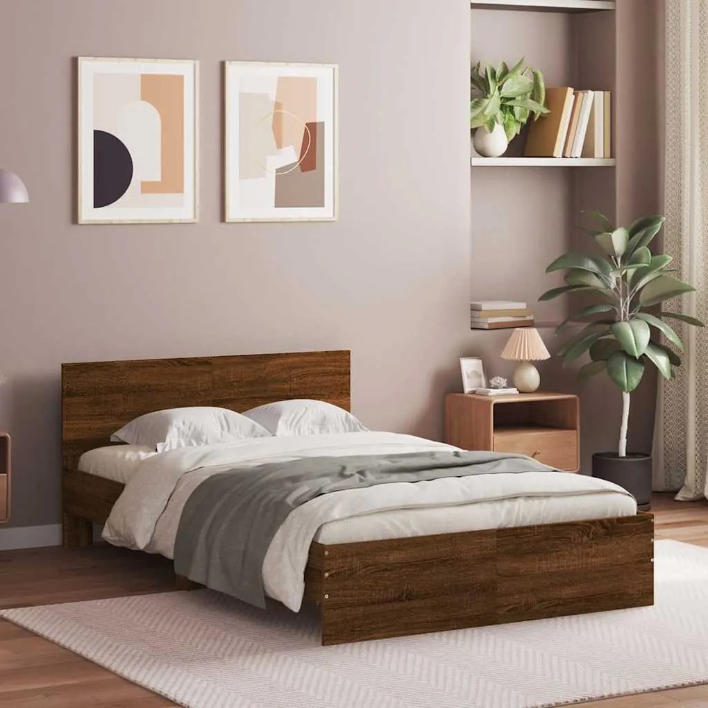 Estrutura cama cabeceira/luzes LED 140x190 cm carvalho castanho
