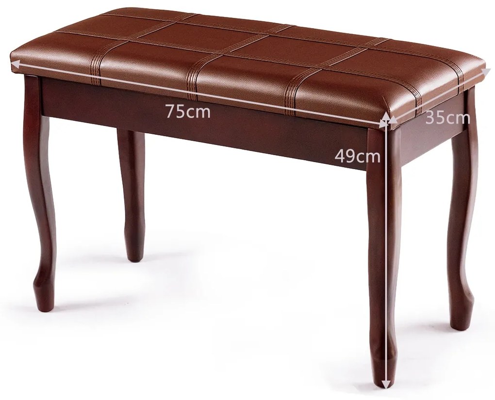 Banco de madeira para piano com almofada almofadada e compartimento para livros e acessórios 75 x 35 x 49 cm Castanho