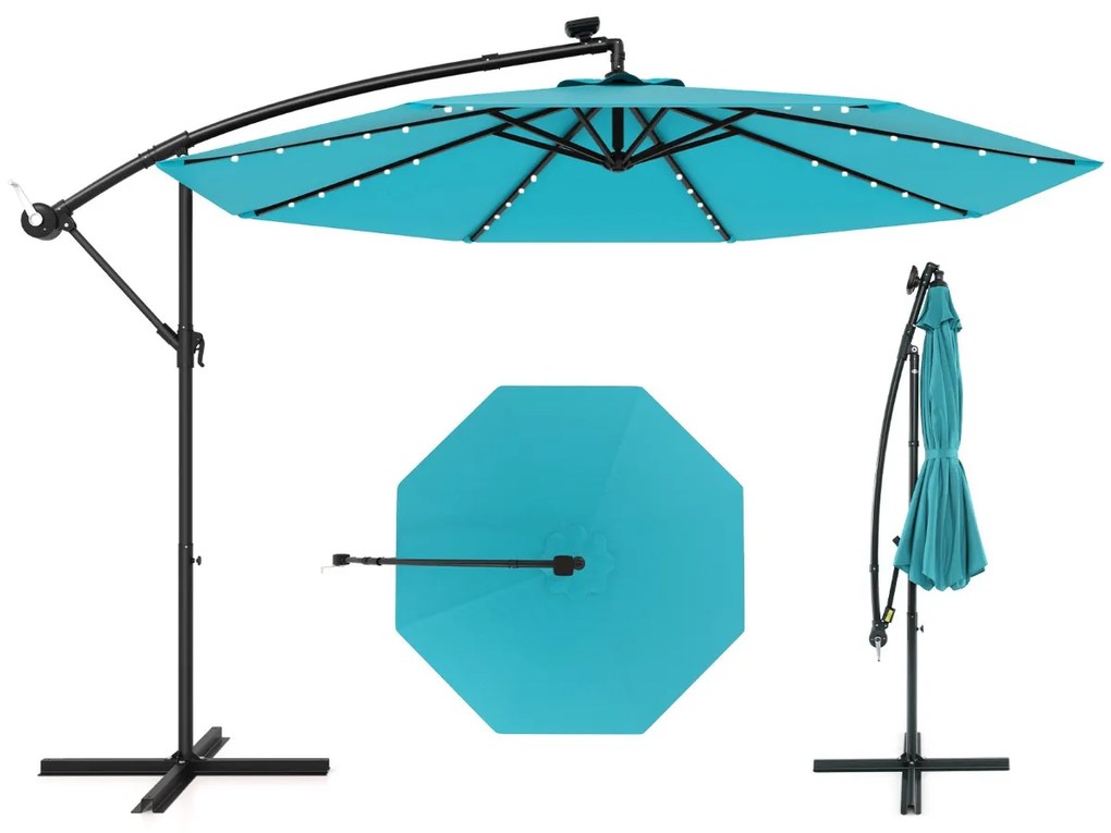 Guarda-sol Solar 3M com 40 Lâmpadas Painel Solar Ajuste de Inclinação com Base Cruzada (SEM PESOS) Iluminado para Pátio Jardim Turquesa