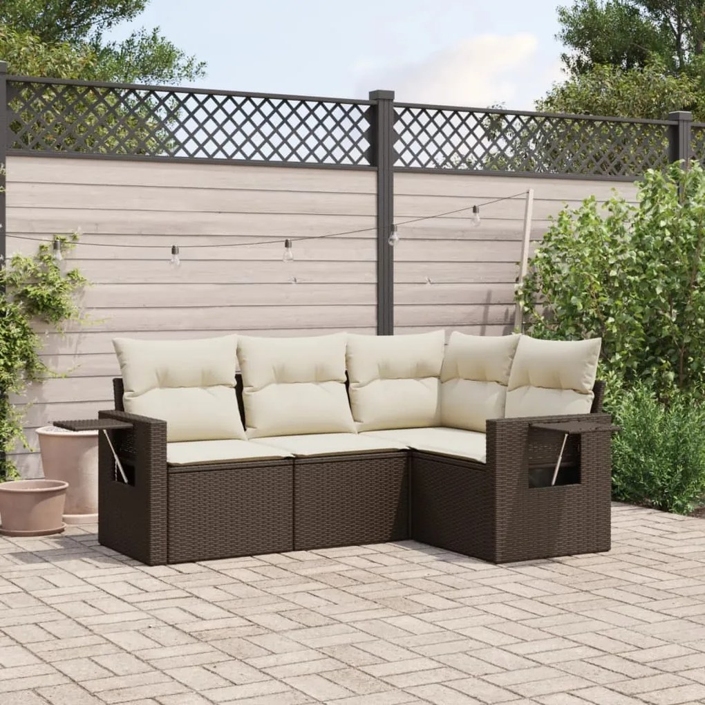 vidaXL 4 pcs conjunto sofás de jardim c/ almofadões vime PE castanho