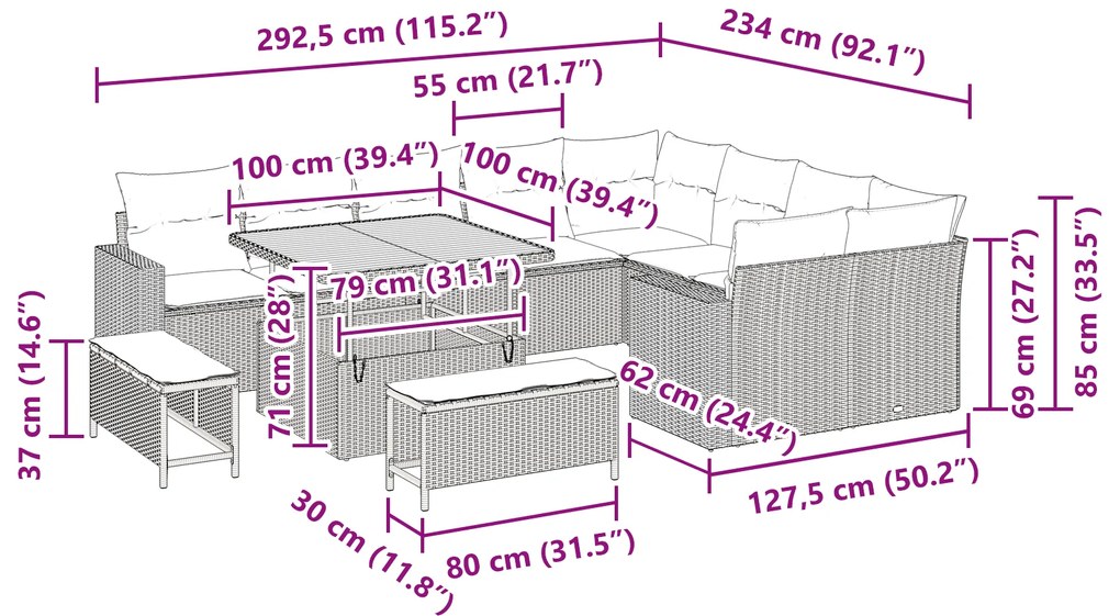 Conjunto de Sofás de Jardim vidaXL com Almofadas Cinza Rattan Poliéste