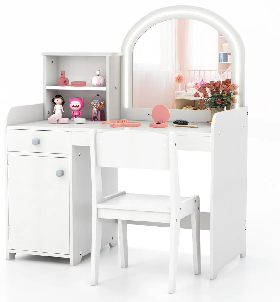 Conjunto de Toucador e Cadeira para Crianças a partir dos 3 anos com Estantes Armário com Gavetas 2 Cores Luzes LED Espelho em Acrílico Blanco