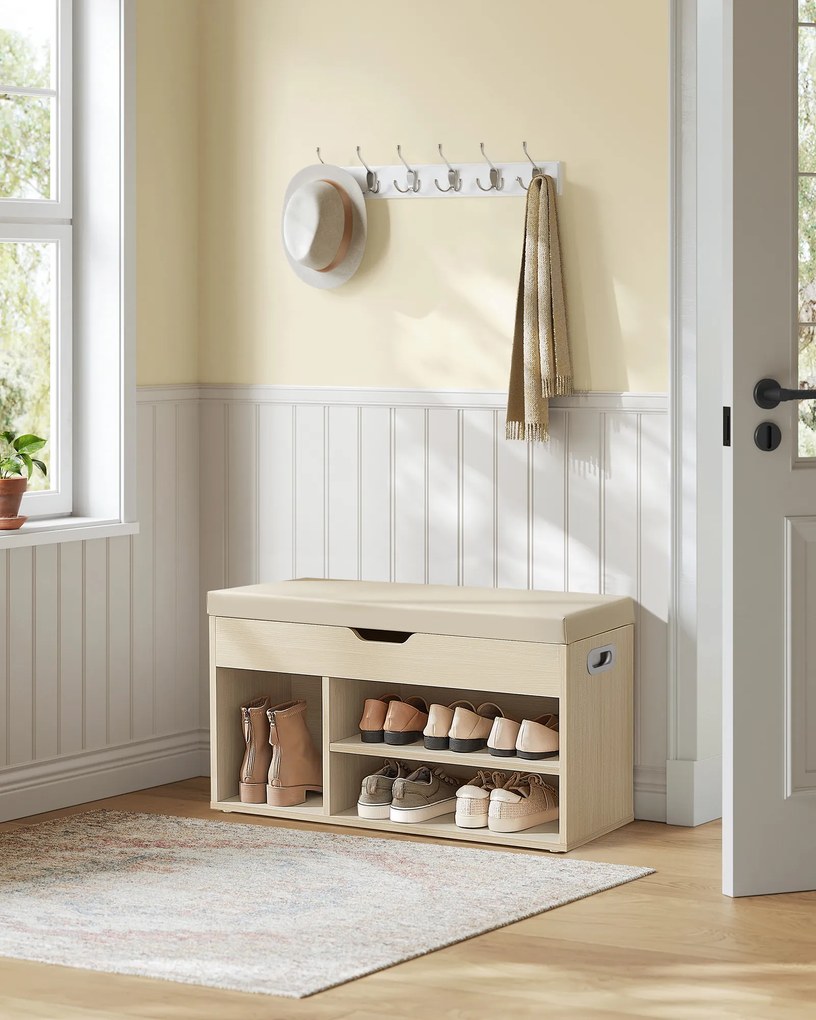 Banco sapateira com 3 compartimentos abertos 30 x 80 x 44 cm Bege natural
