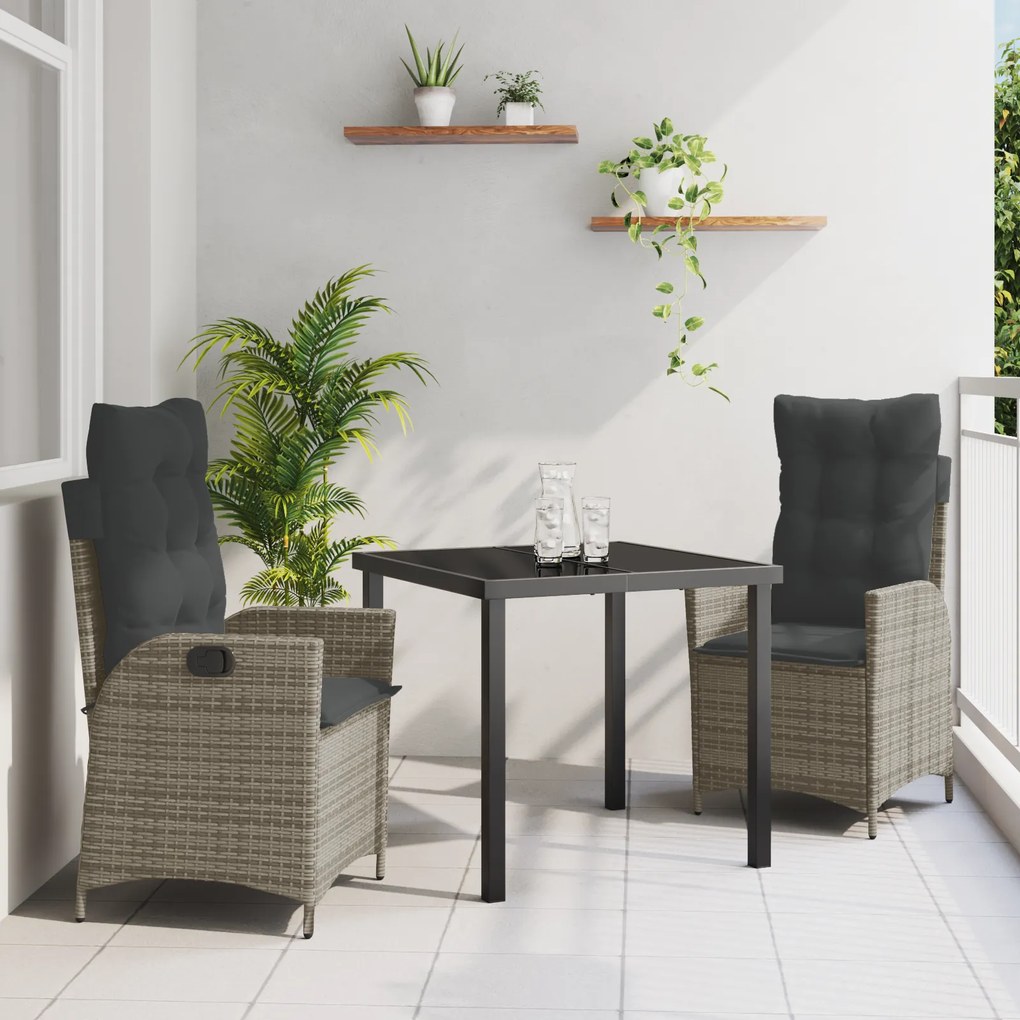 vidaXL Conjunto de Jantar para Jardim de 3 Peças com Almofadas Cinzas de Vime Poliéster